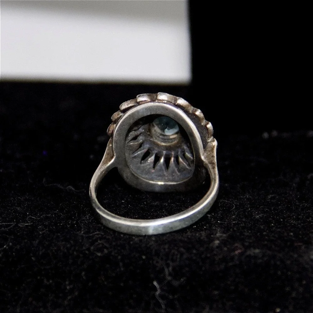 Vintage Sterling Silver Blue Topaz Marcasite Art Deco Style Sunburst Ring Size 9